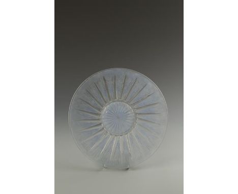 R. LALIQUE: "Wheatsheaf", a circular plate decorated with blue stained stylised wheatsheaves, with raised signature "R. Laliq