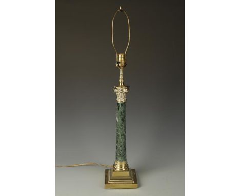 A MARBLE AND GILT METAL COLUMN FORM TABLE LAMP with tapering column and square stepped base, 32" high