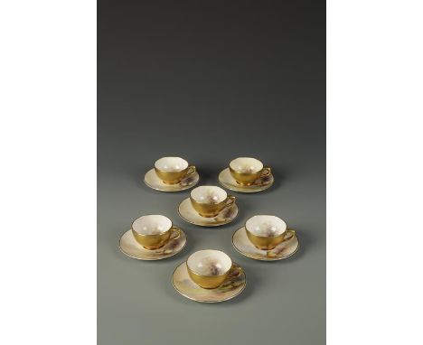 A SET OF SIX ROYAL WORCESTER PORCELAIN COFFEE CUPS AND SAUCERS decorated with sheep in a blossom tree landscape, by EM Barker