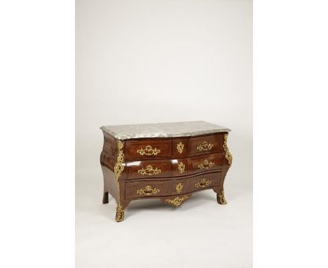 FRANÇOIS-GASPARD TEUNÉ AND ADRIEN FLEURY: A MATCHED PAIR OF RÉGENCE COMMODES, each with serpentine fronted marble tops with m