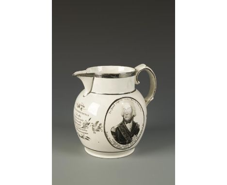 A SILVER LUSTRE WARE JUG with transfer printed portrait of Admiral Lord Nelson and inscribed with the ships under the command