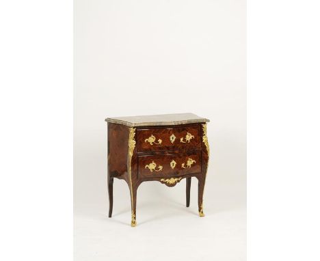 LOUIS-NOËL MALLE: A LOUIS XV MARBLE TOPPED ROSEWOOD, TULIPWOOD AND ORMOLU SERPENTINE PETIT COMMODE, the marble top above two 