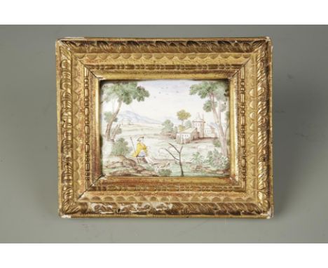 AN ENAMEL ON COPPER LANDSCAPE depicting a shepherd and sheep to the foreground and buildings to the distance, 18th century, 3