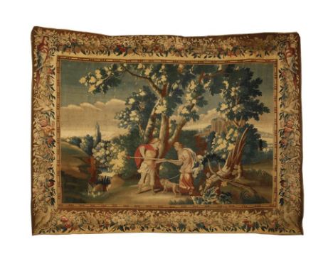 A MORTLAKE MYTHILOGICAL TAPESTRY worked with a scene depicting Cephalus and Procrus from Metamorphosis by Ovid, the figures s