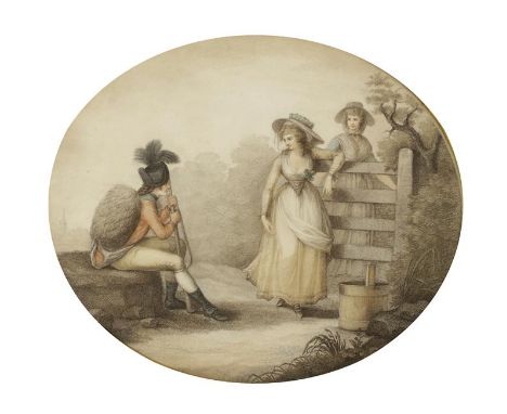 IN THE MANNER OF GEORGE MORLAND Two ladies by a gate talking to a seated soldier, engraving, 12.5" x 15", and the companion (