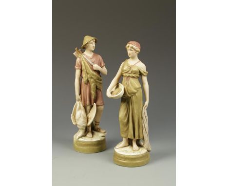 A PAIR OF ROYAL DUX CERAMIC FIGURES of a young man and lady holding a bird and fish, impressed and printed marks, late 19th/e
