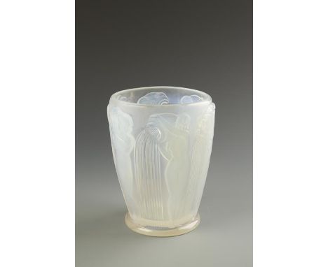 R. LALIQUE: "Danaides", an opalescent glass vase decorated with naked female figures pouring water from vases, with moulded s