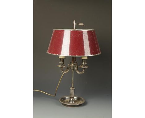 A SILVER PLATED THREE BRANCH BOUILLOTTE TYPE TABLE LAMP with dished base, 20" high