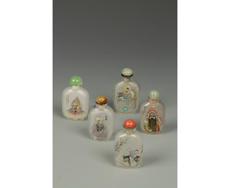 FIVE CHINESE INSIDE-PAINTED GLASS SNUFF BOTTLES, including three portrait bottles and two others, 20th century, the largest b