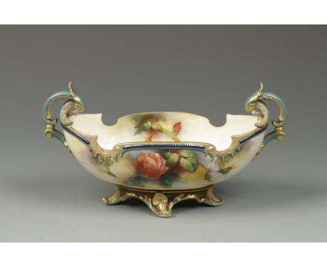 A ROYAL WORCESTER HADLEY WARE PORCELAIN BOWL with scrolled twin handles and painted rose and insect decoration, on blush ivor