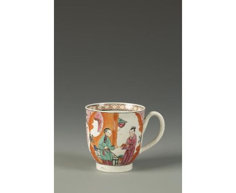 A WORCESTER COFFEE CUP painted in Chinese famille rose style with figures on terraces, within puce and black flower scroll bo