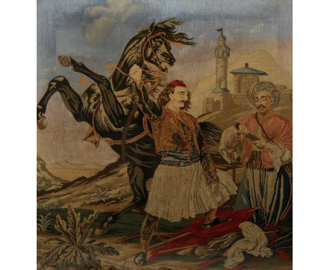 A LARGE TAPESTRY PANEL FOR THE TURKISH MARKET showing two figures and a rearing horse in a landscape with a Mosque behind, la