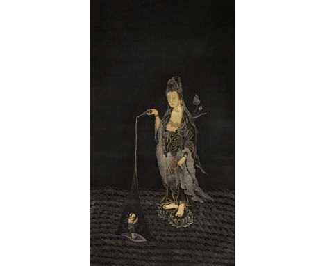 CHINESE ARTIST A study of Guanyin at night standing on lotus flowers above waves and pouring a spirit from a flask, ink and c