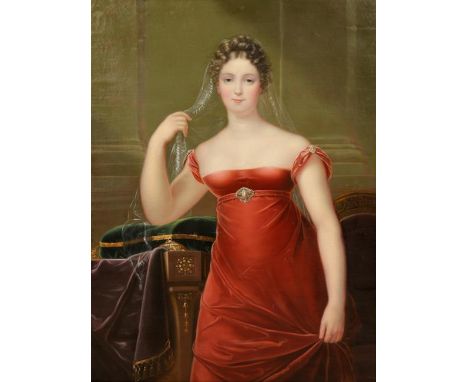 FRENCH SCHOOL, 19TH CENTURY, a portrait study of a lady in a red dress, standing three-quarter length in an interior, signed 