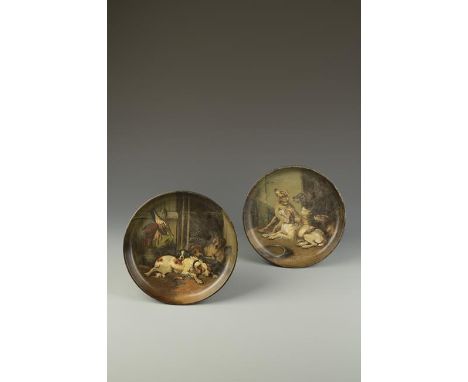 A PAIR OF PAPIER MACHE TRAYS of circular form, decorated with hunting dogs and game "Tired Out" and "Ready for the Start", Vi