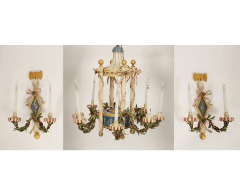 A MID CENTURY TÔLE AND WOOD EIGHT LIGHT CHANDELIER of picturesque design, with polished ribbon and leaf effect decoration, an