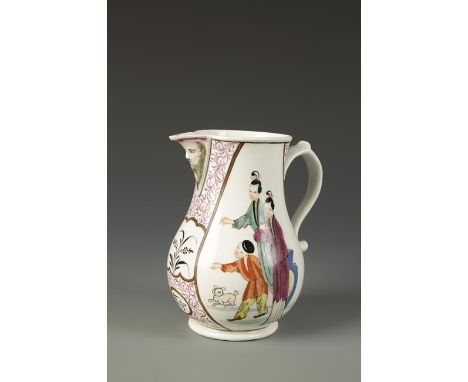 A WORCESTER BALUSTER-SHAPED MASK JUG with scroll handle, painted in Chinese famille rose style, with figures in gardens, purp