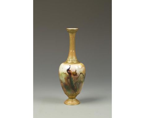 A ROYAL WORCESTER PORCELAIN VASE with painted peacocks, in branches, on a blush ivory ground within gilt borders, green mark,