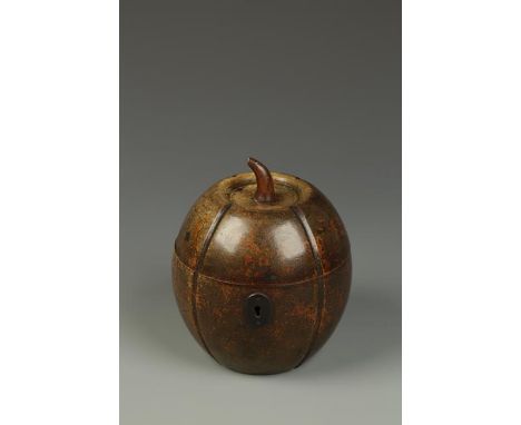 A FRUITWOOD TEA CADDY in the form of a melon with naturalistic painted surface, 18th century, 5.75" high. See illustration