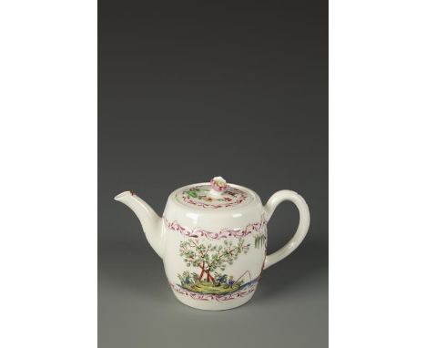 A WORCESTER PORCELAIN TEAPOT AND COVER with loop handle and flower knop, moulded in relief in the Chinese style, decorated wi