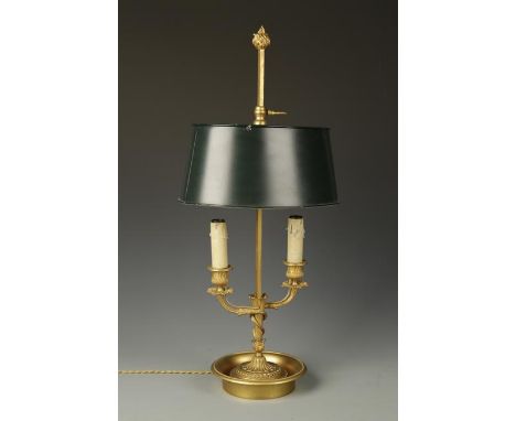 A GILT METAL AND TOLE PEINTE TWIN LIGHT BOUILLOTTE TABLE LAMP of early 19th century design, 20th century, 23" high