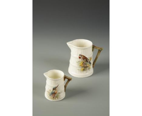 TWO ROYAL WORCESTER PORCELAIN JUGS with painted goldfinch and kingfisher decoration, signed "W. Powell", early 20th century, 