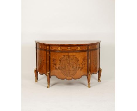 A GEORGE III MAHOGANY AND MARQUETRY DEMI-LUNE COMMODE, the shaped top inlaid with scrolling vines and grapes, within ewer-sha