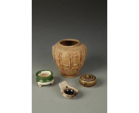 A CHINESE FOLIATE-FORM JAR, 7.5" high; and three small vessels including a brown-glazed water dropper, 4" long; a green-glaze
