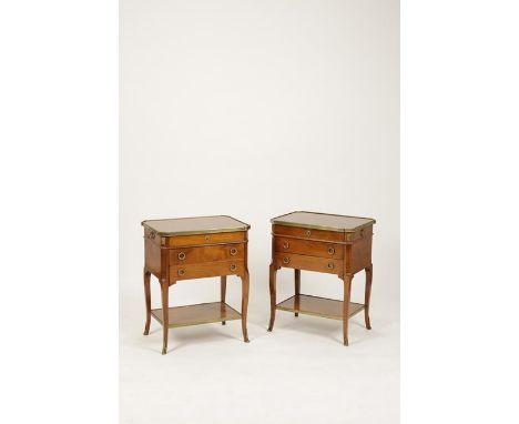 A PAIR OF WALNUT AND GILT METAL "DIRECTOIRE" STYLE SIDE TABLES, the rectangular tops with canted corners above three frieze d