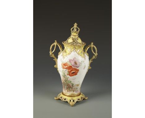 A ROYAL WORCESTER PORCELAIN VASE AND COVER with painted poppy decoration within yellow and gilt borders, signed "E. Wilkes", 