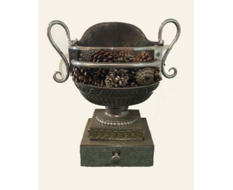 AN EMPIRE STYLE STEEL AND CAST IRON BASKET GRATE, the shaped basket on a pedestal foot and square stepped base with gilt meta