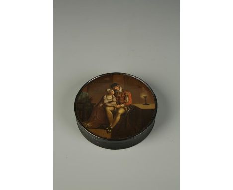 A CIRCULAR PAPIER MACHE SNUFF BOX depicting Egmont and Clarchen in a scene from Goethe with internal inscription, 19th centur