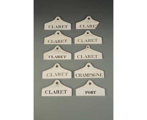 TEN WEDGWOOD CREAMWARE CERAMIC WINE AND SPIRIT LABELS including "Port", "Claret" and "Champagne", impressed marks, 19th centu