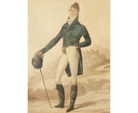 ENGLISH SCHOOL, 19th century A portrait of a dandy with hat and cane in a landscape, watercolour, 14" x 10.5"