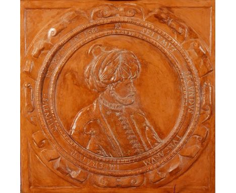 A TERRACOTTA PORTRAIT PANEL showing Suleiman the Magnificent in profile, within a roundel, after a 16th century prototype, 17