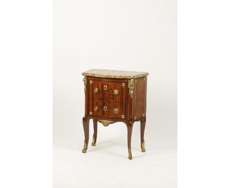 NICOLAS PETIT: A LOUIS XVI MARBLE, TULIPWOOD, MARQUETRY AND GILT METAL MOUNTED PETIT COMMODE, the serpentine front decorated 