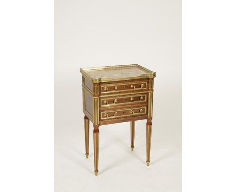 A "DIRECTOIRE" STYLE MAHOGANY, MARBLE AND GILT METAL MOUNTED PETIT COMMODE with marble top above three short drawers between 