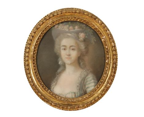 FRENCH SCHOOL, 18th century A portrait of a young lady, bust-length, wearing a floral decorated hat, pastel, 11.25" x 10.25",