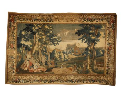 MORTLAKE MYTHOLOGICAL TAPESTRY worked with a scene of Cephalus and Procrus from Metamorphosis by Ovid, the figures standing i