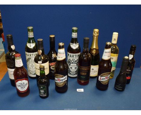 A quantity of bottles including Martini Extra Dry, Louis Vertay Champagne Brut, Fairtrade Chardonnay, Madeira, Taylor's late 