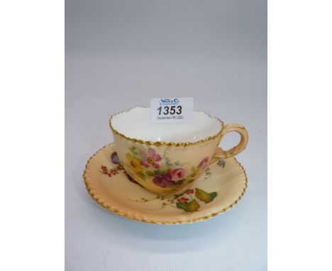 A Royal Worcester blush ivory cup and saucer, painted flowers and leaves gilt, uneven rim, code for 1909, no defects.