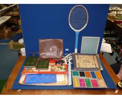 A quantity of vintage items to include; child's leather satchel, tennis racket, picture frame, 'Spirograph', 'Cuisenaire Numb