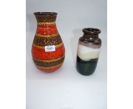 A vintage German baluster vase with raised bands of red and brown decoration, 10" tall, mark to base, plus a similar in cream