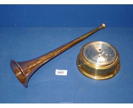 A 19th century copper and brass hunting horn, plus a 20th century Ships Weather Master aneroid barometer and thermometer with