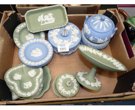 A quantity of Wedgwood Jasperware in pale blue and green to include; trinket dishes, comport, ash tray, sucrier (a/f), etc.