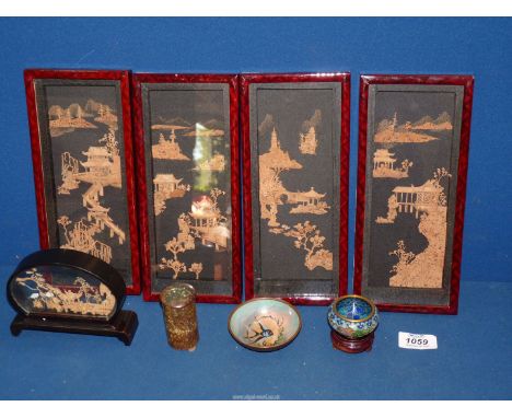 A quantity of miscellanea to include; a set of four Chinese cork diorama wall pictures in lacquered frames (each 4 1/2" x 10 
