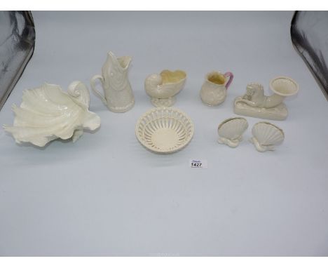 A quantity of white china to include; Belleek hippocampus vase, Belleek shell vase, Royal Worcester shell dish with green sta