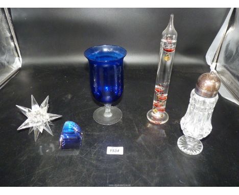 A small quantity of glass including night light holder, paperweight, hydrometer, sugar sifter etc.