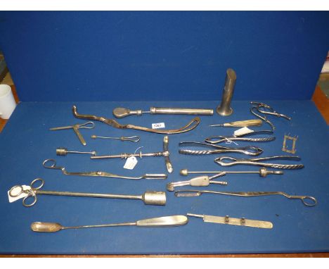 A quantity of vintage medical instruments/equipment, forceps, etc., some possibly midwifery, etc.,