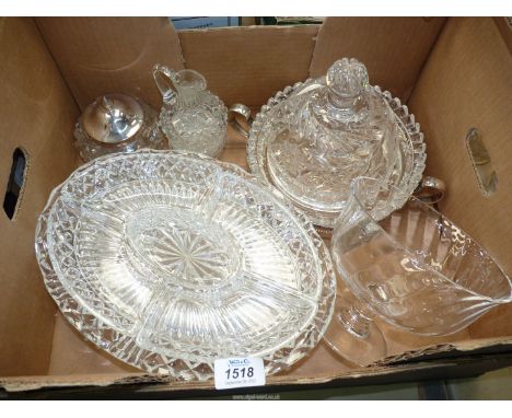 A quantity of glass to include; cut glass conserve pot with EPNS lid, large platter, quartered server, small jug, a desert bo